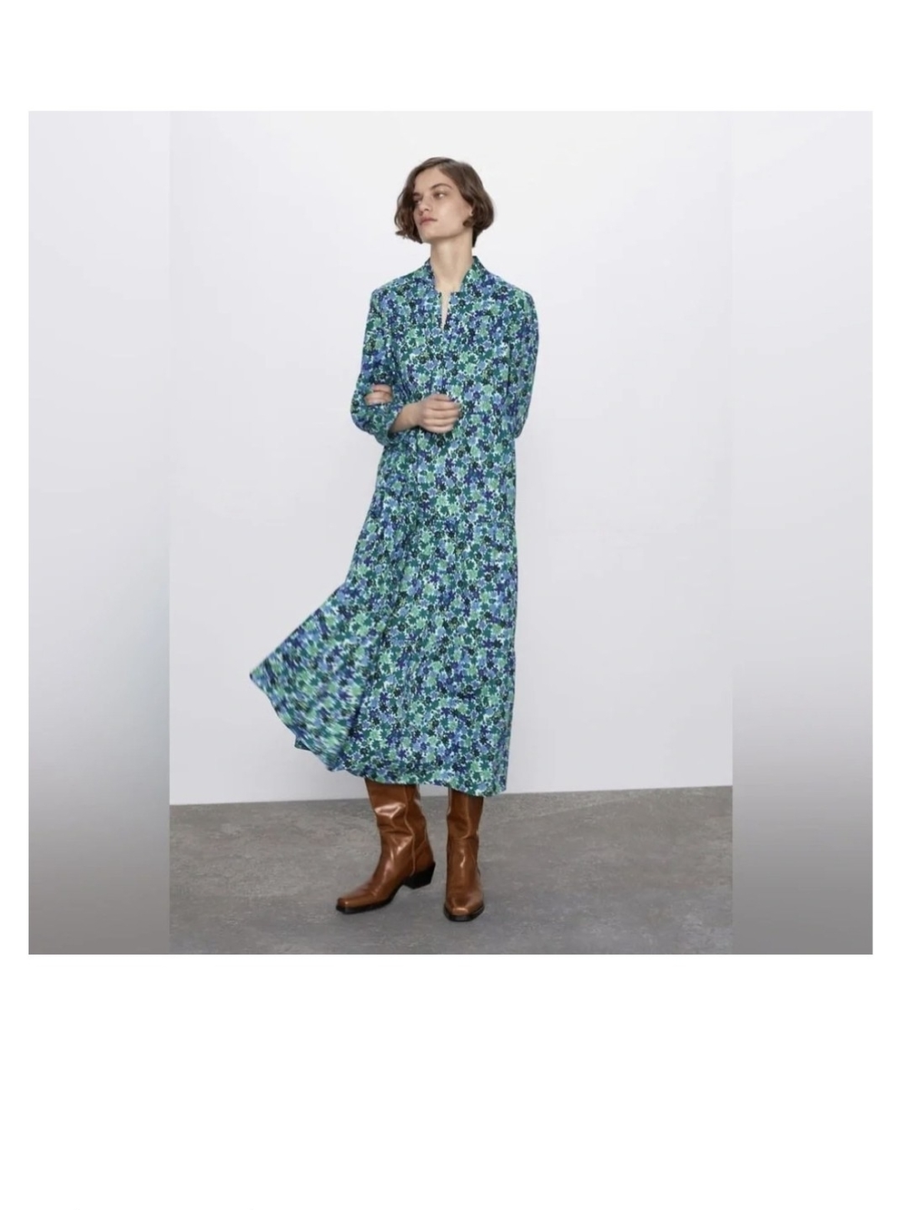 Zara Blue-Green Floral Long Sleeve Maxi Dress